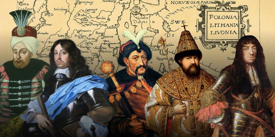 Богдан Хмельницкий, султан Мехмед IV, московский царь Алексей Михайлович, король Карл X, король Ян II Казимир